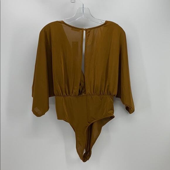 Mind Code Deep V-neck open back polyester body suit burnt mustard sz S - Picture 6 of 7